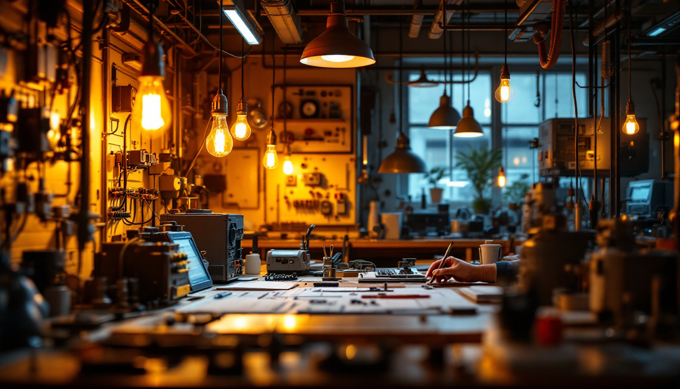 A photograph of a well-lit electrical engineering workspace featuring amber color light sources