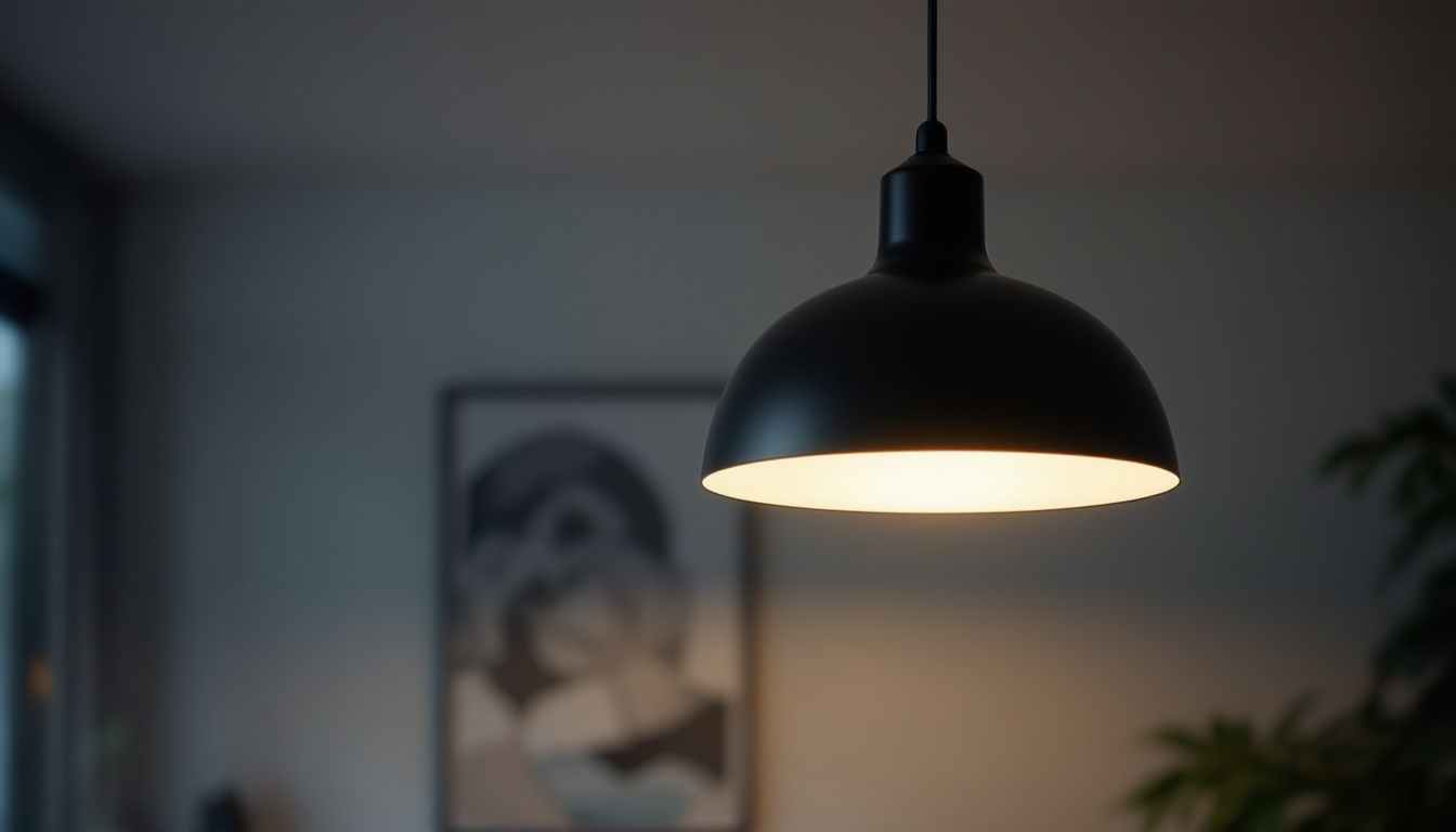 A photograph of a stylish ceiling lamp illuminating a modern living space