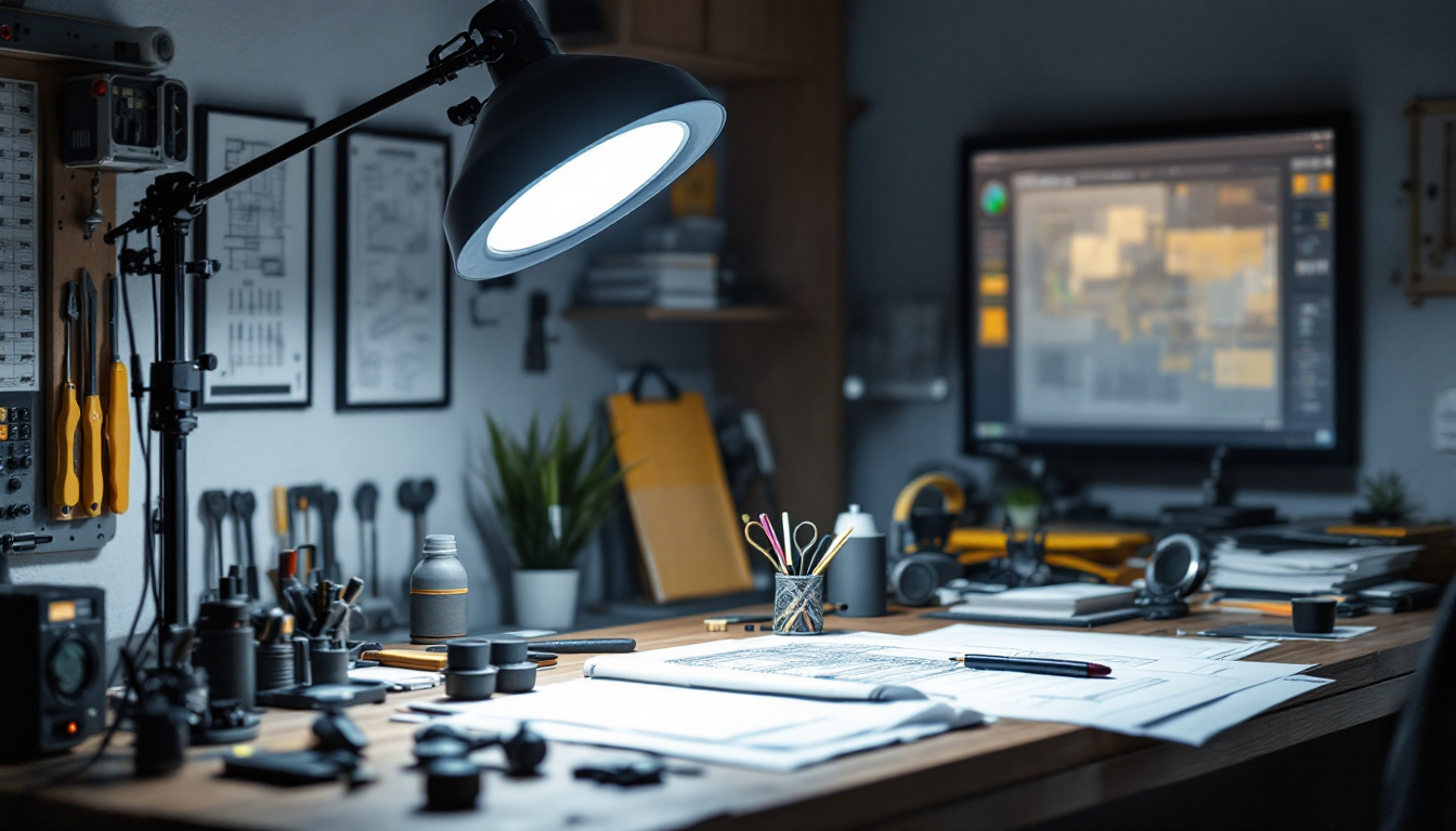 A photograph of a well-lit engineering workspace featuring a 4000k led light illuminating various tools and design plans
