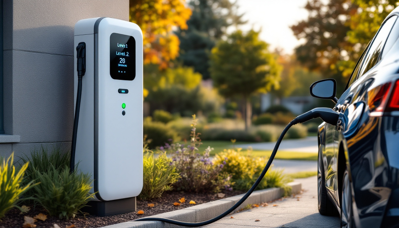 A photograph of a level 2 electric vehicle charger in an outdoor setting