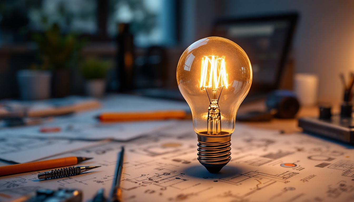 A photograph of a 40w type b bulb illuminated in a modern workspace