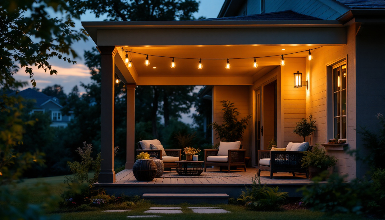 A photograph of a beautifully illuminated porch featuring a stylish outdoor light fixture