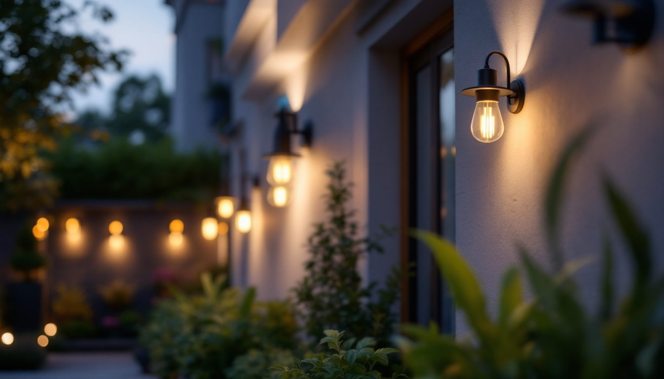 A photograph of a beautifully lit outdoor space showcasing various wall-mounted outdoor lights in action
