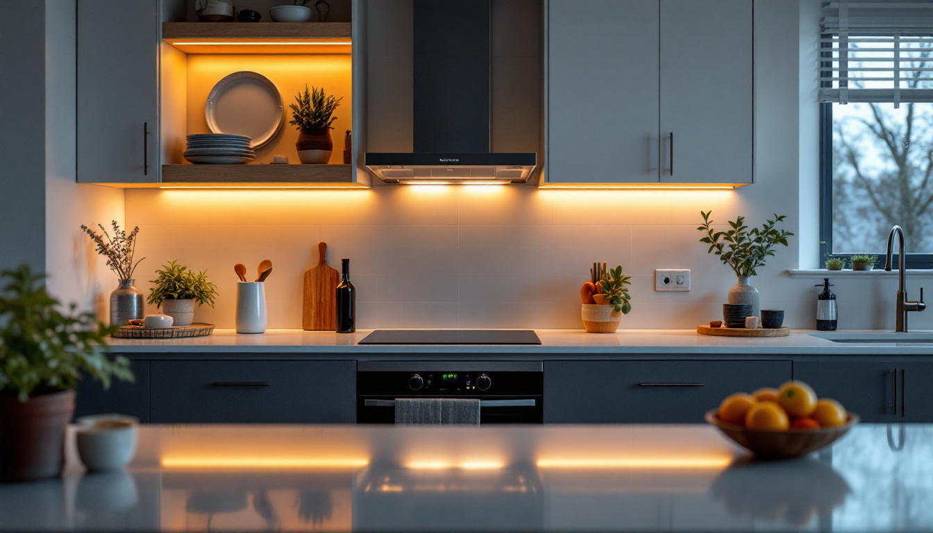 A photograph of a beautifully designed kitchen showcasing under-cabinet lighting that highlights the countertop and creates a warm