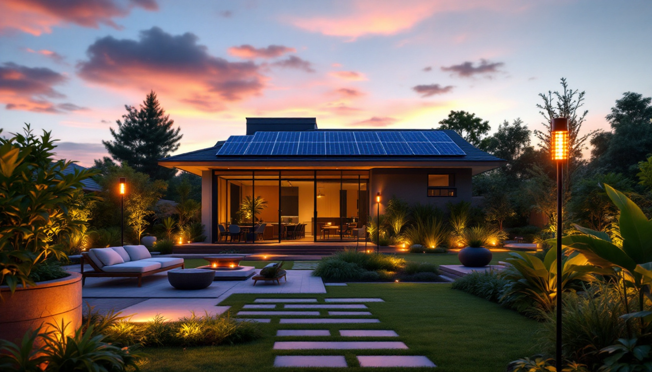 A photograph of a beautifully designed outdoor space illuminated by solar light panels at dusk