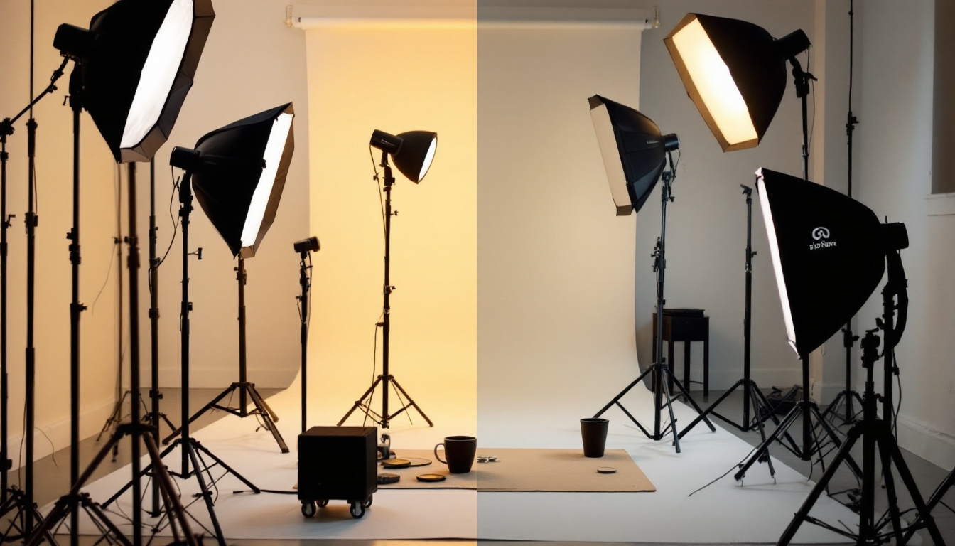A photograph of a well-lit photography setup showcasing various lighting equipment side by side