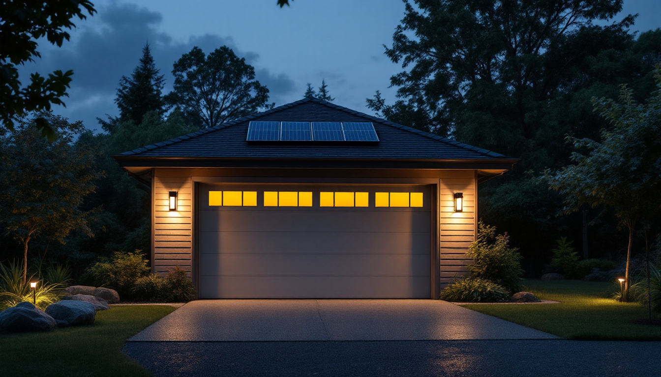 A photograph of a well-lit garage exterior at dusk