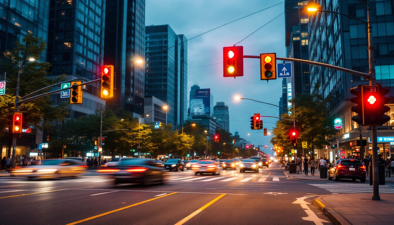 A photograph of a busy intersection featuring a traffic light in action