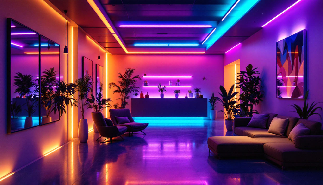A photograph of a well-designed indoor space showcasing the effective use of ultraviolet fluorescent lighting