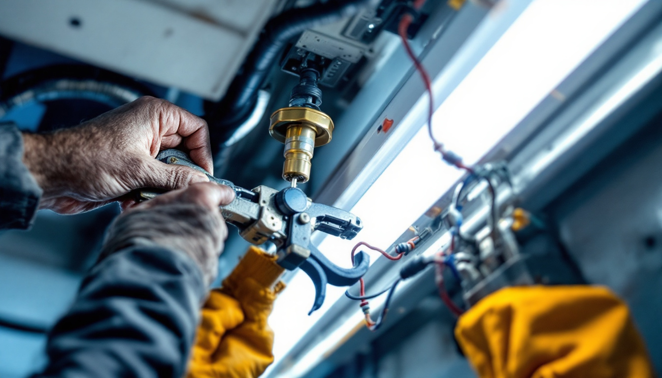 A photograph of a technician carefully installing a ballast in a fluorescent light fixture