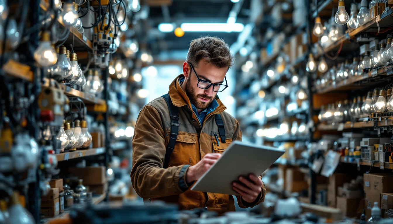 A photograph of a focused electrical engineer in a bulb store
