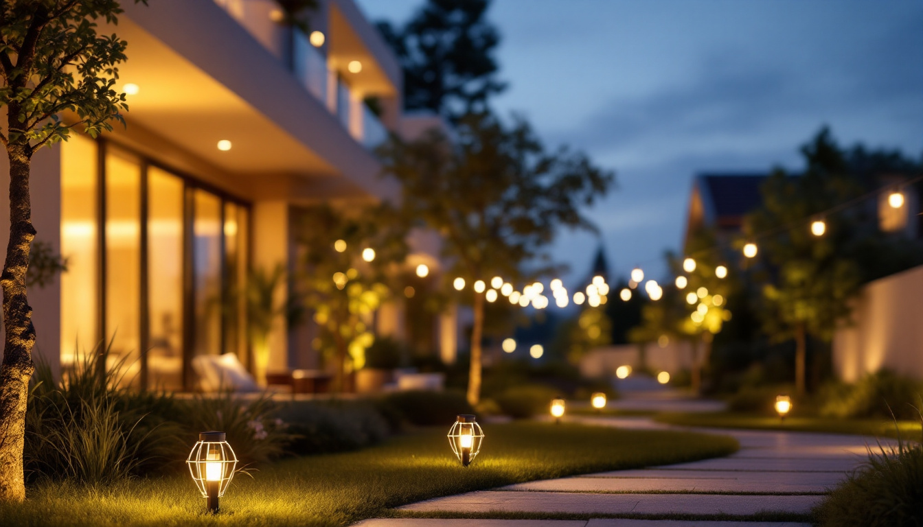 A photograph of a beautifully designed outdoor space illuminated by solar stick-on lights at dusk