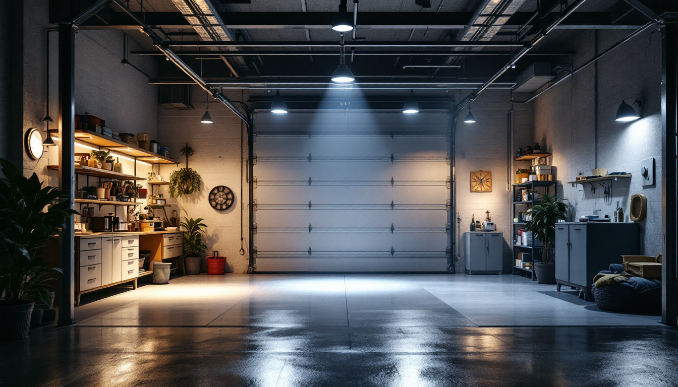 A photograph of a well-lit garage showcasing various types of innovative lighting solutions