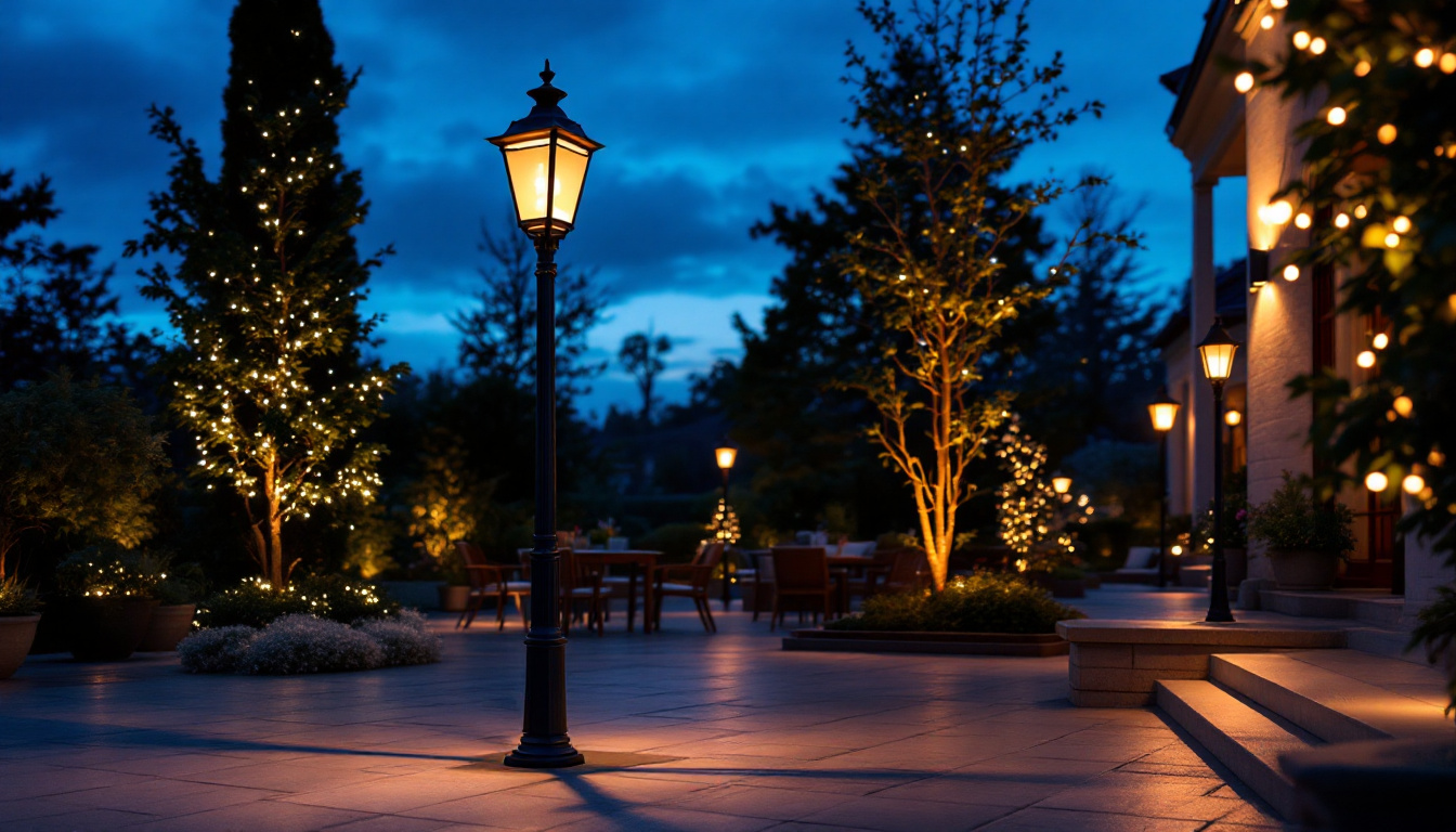 A photograph of a beautifully illuminated patio scene at dusk
