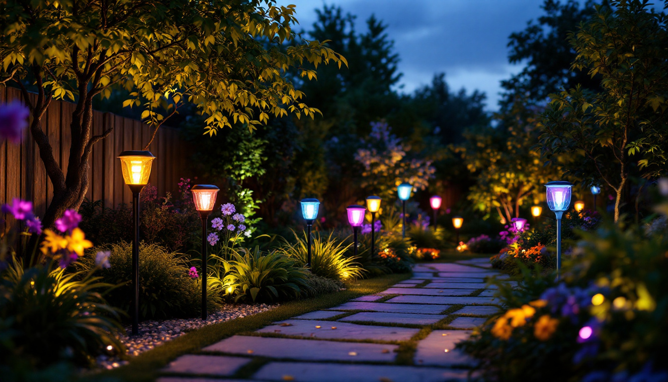 A photograph of a beautifully illuminated garden at dusk featuring various unique solar lights