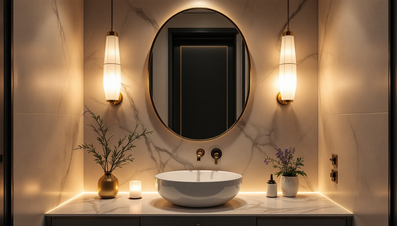 A photograph of a beautifully designed powder room featuring elegant light fixtures