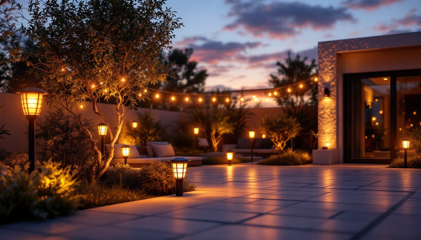 A photograph of a beautifully lit outdoor space featuring various styles of solar lights in use during twilight