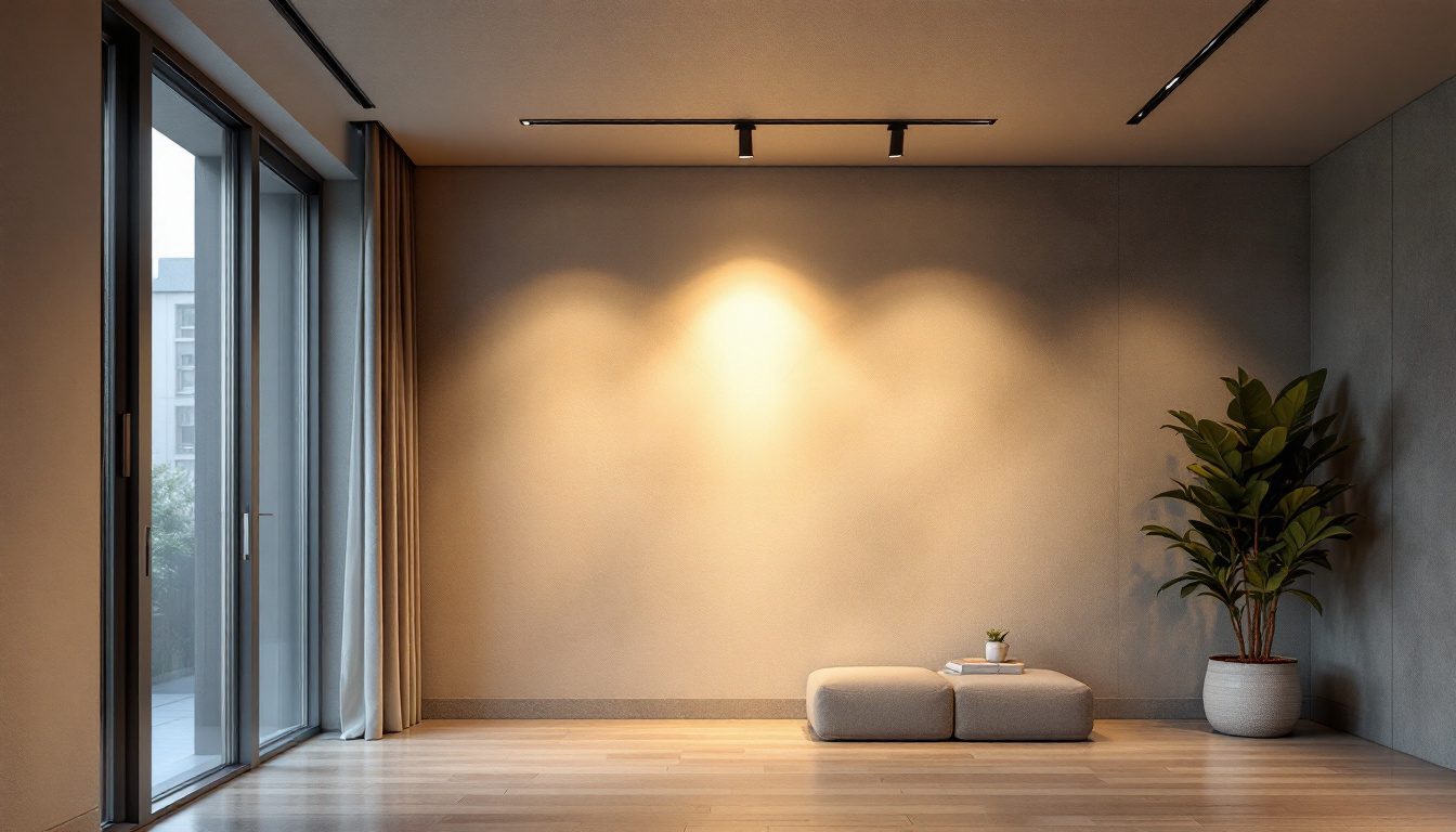 A photograph of a modern interior space showcasing recessed directional can lighting
