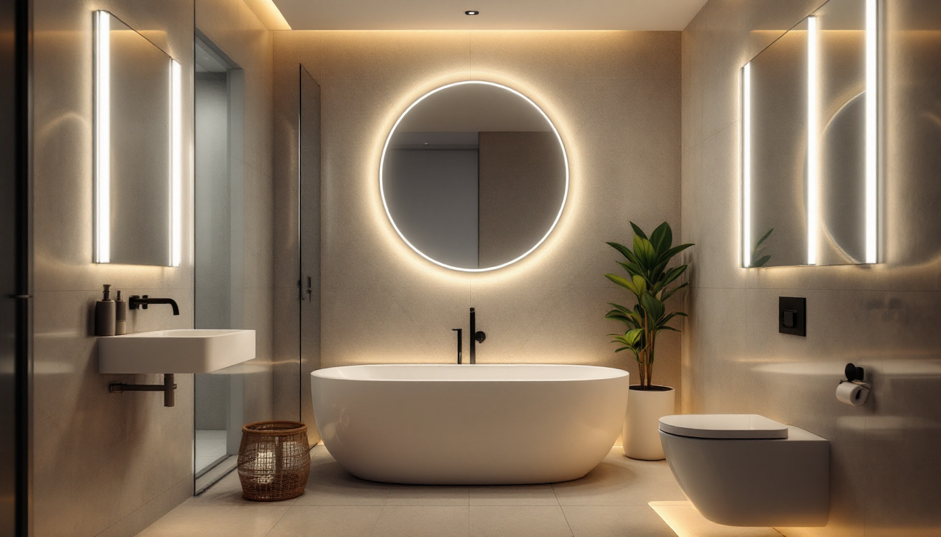 A photograph of a modern bathroom featuring sleek led lighting fixtures that highlight innovative designs and create a warm