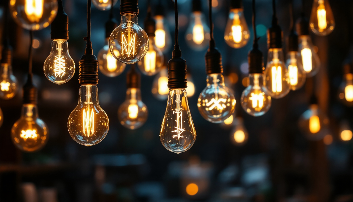 A photograph of a beautifully arranged display of various bulb decoration lights in a dimly lit environment