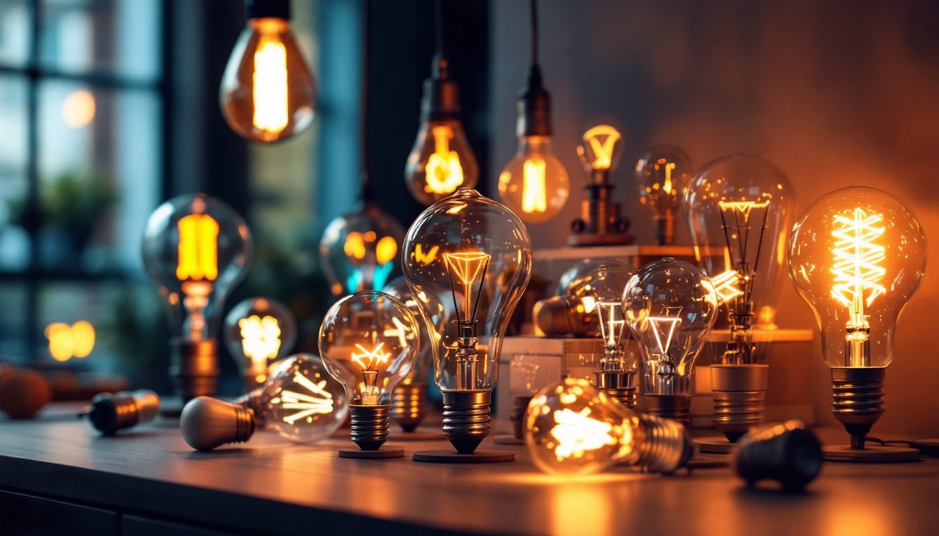 A photograph of a beautifully arranged display of various light bulbs showcasing innovative designs and trends in lighting