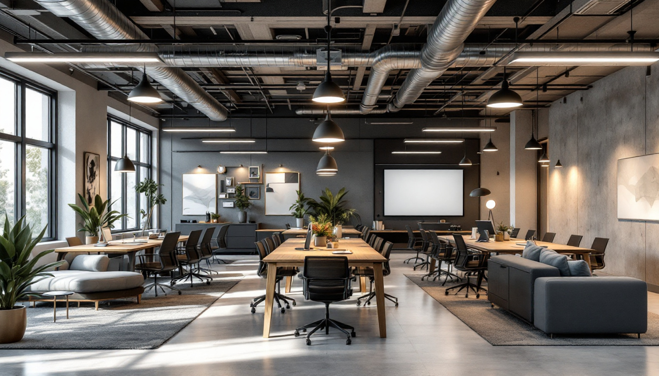 A photograph of a modern office space featuring a variety of innovative lighting solutions