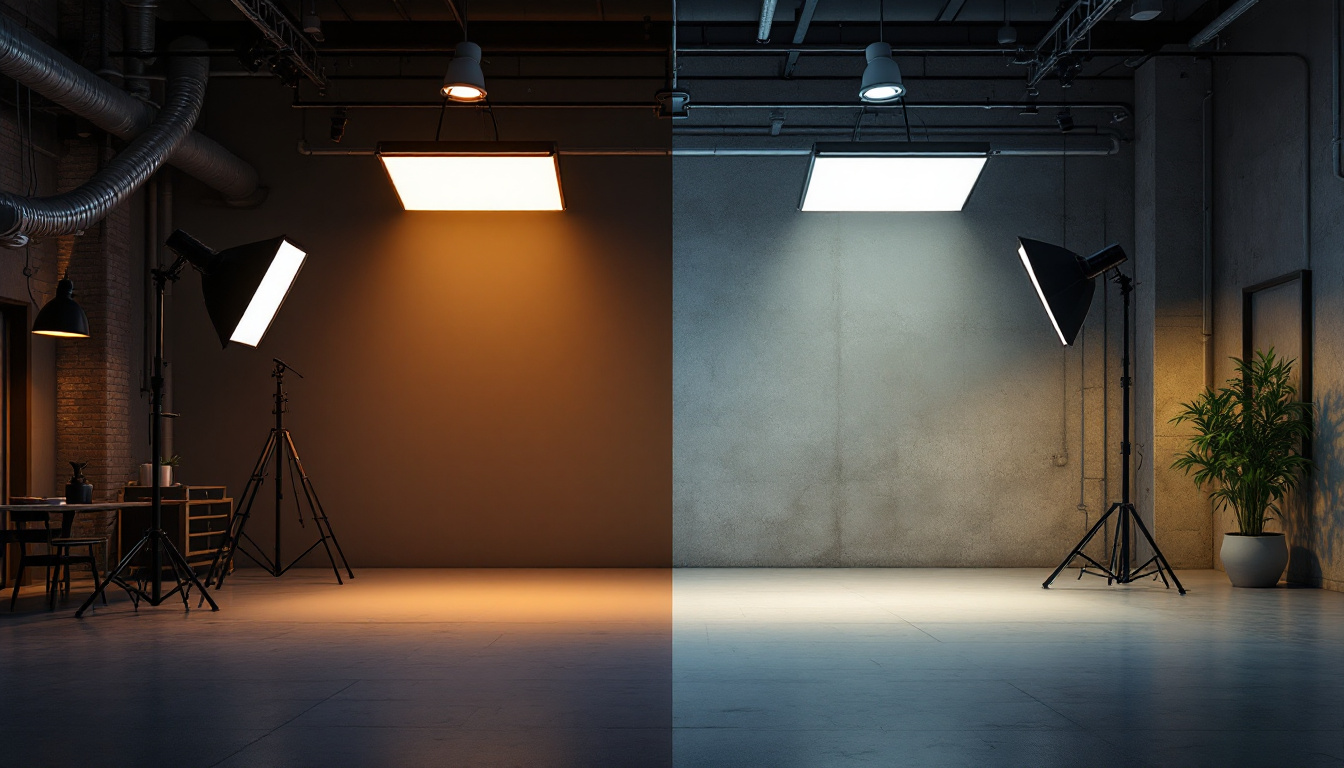 A photograph of a well-designed lighting setup that contrasts industrial and commercial environments