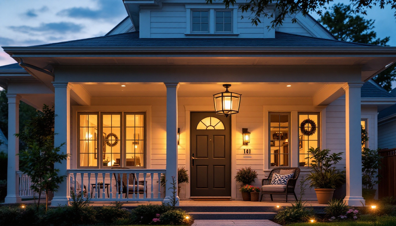 A photograph of a beautifully designed front porch featuring an elegant ceiling light fixture