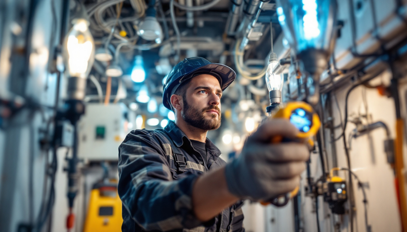 A photograph of a technician inspecting a complex electrical lighting system