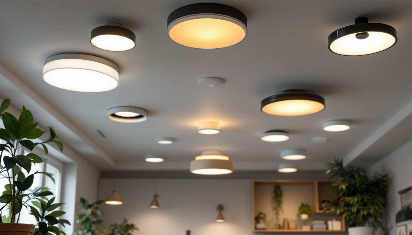 A photograph of a well-lit room showcasing various ceiling light cans in different styles and configurations
