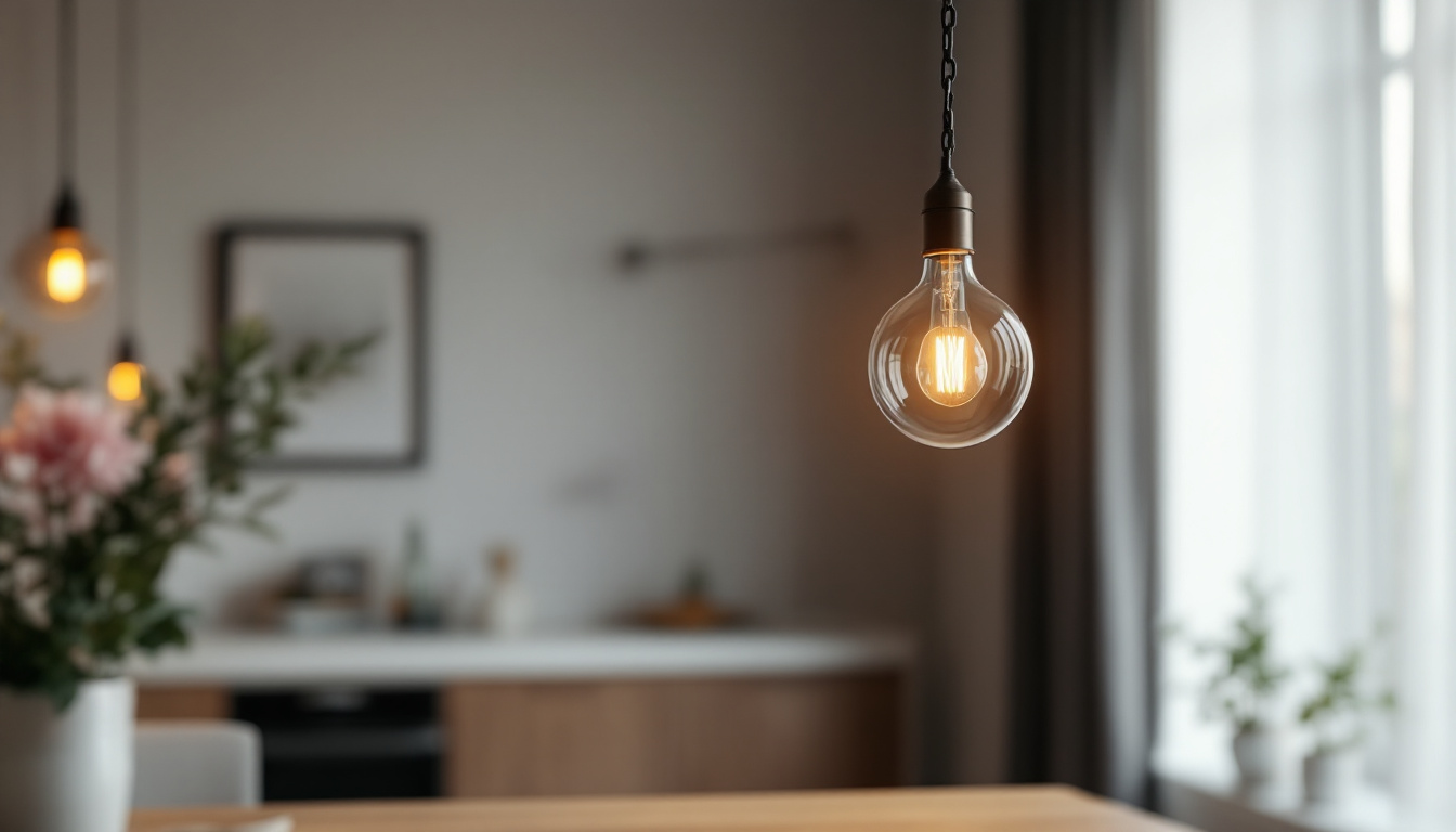 A photograph of a stylish pendant light on a chain hanging in a modern interior setting