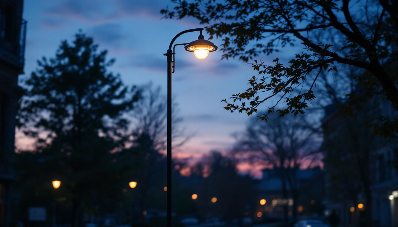 A photograph of a well-designed light post fixture installed in an urban setting during twilight