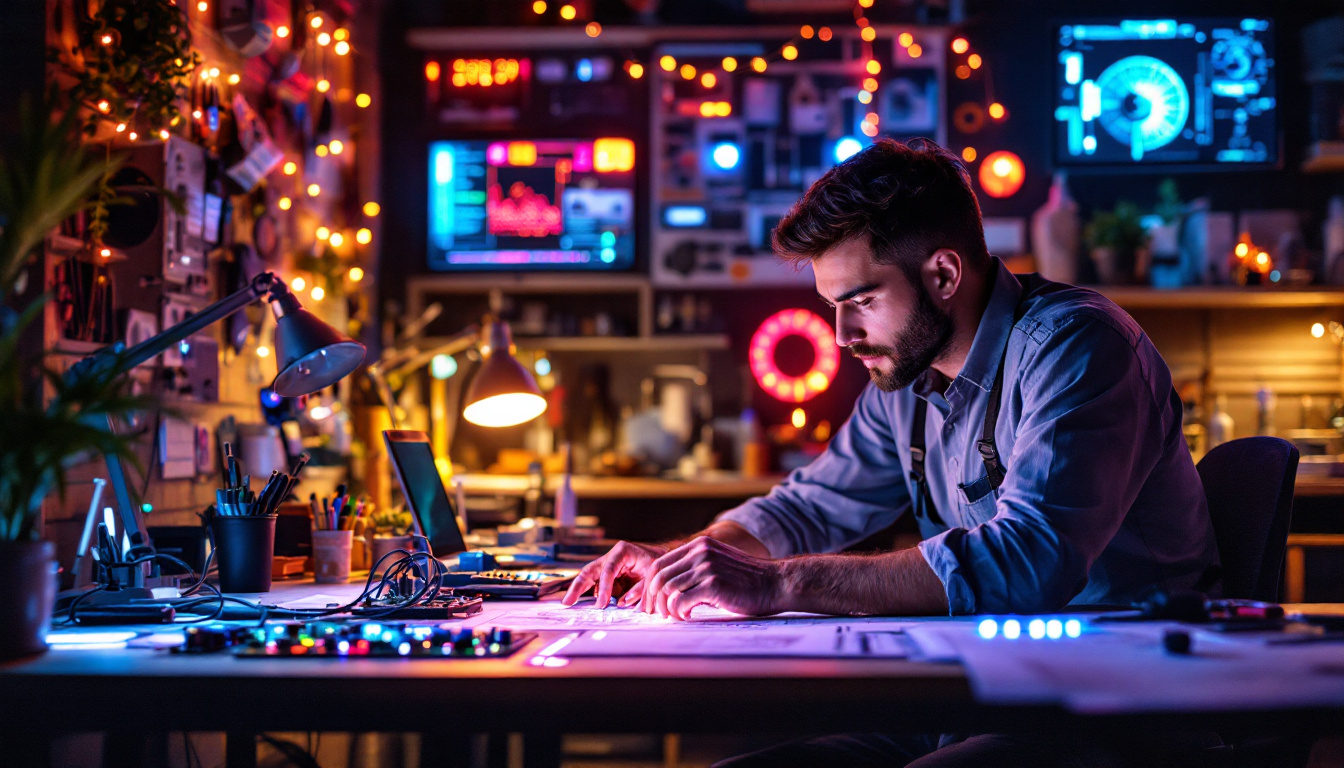 A photograph of a well-lit workspace featuring an electrical engineer analyzing led board lights