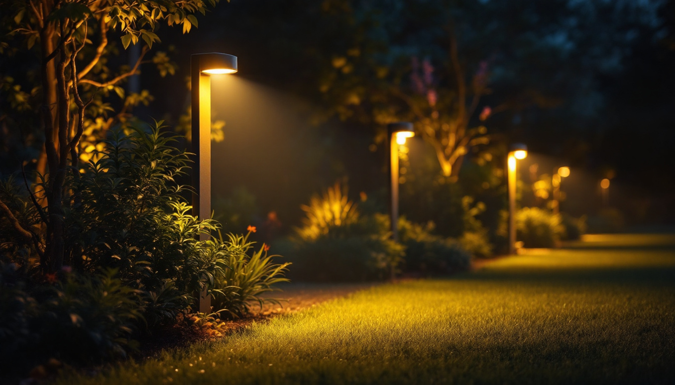 A photograph of a beautifully lit outdoor space featuring flood lights with motion sensors in action