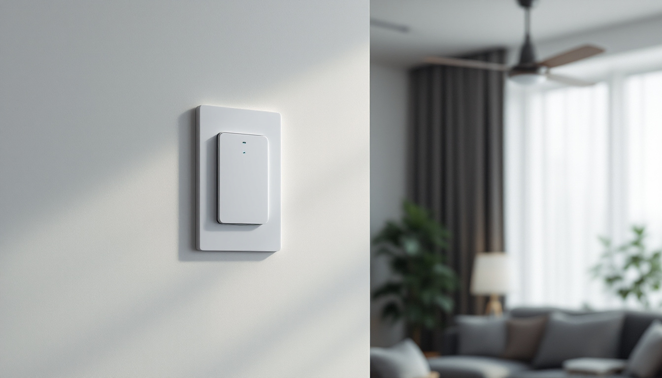 A photograph of a modern wall switch designed for controlling both a ceiling fan and light fixture