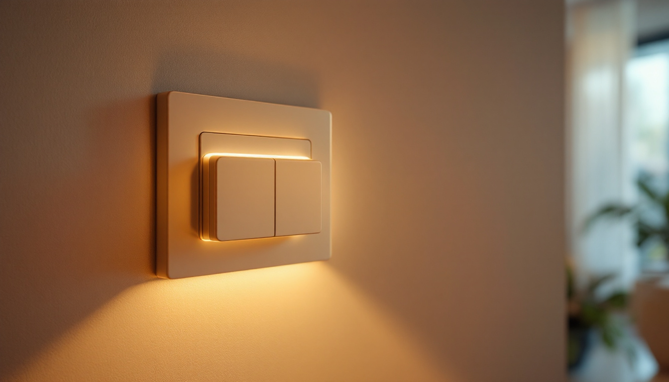 A photograph of a close-up view of a modern light switch and electrical outlet installed in a stylish interior setting