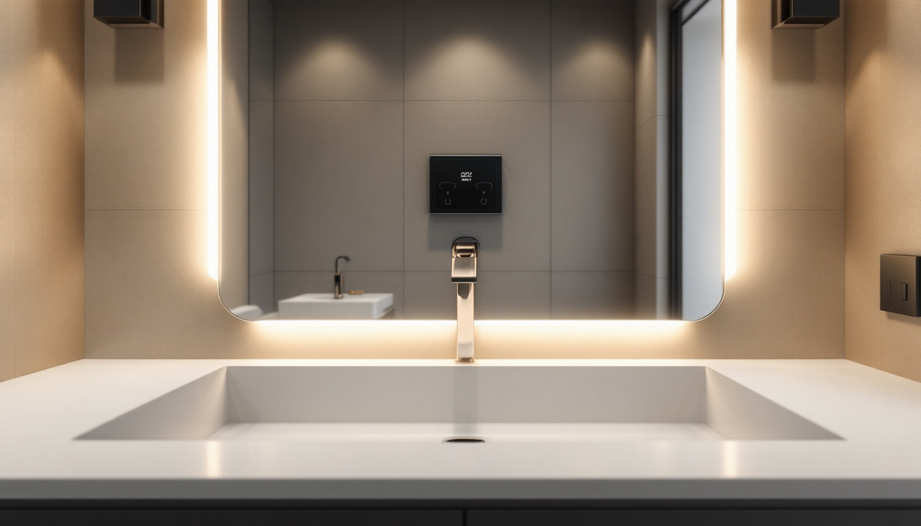 A photograph of a modern bathroom vanity showcasing stylish fixtures and lighting