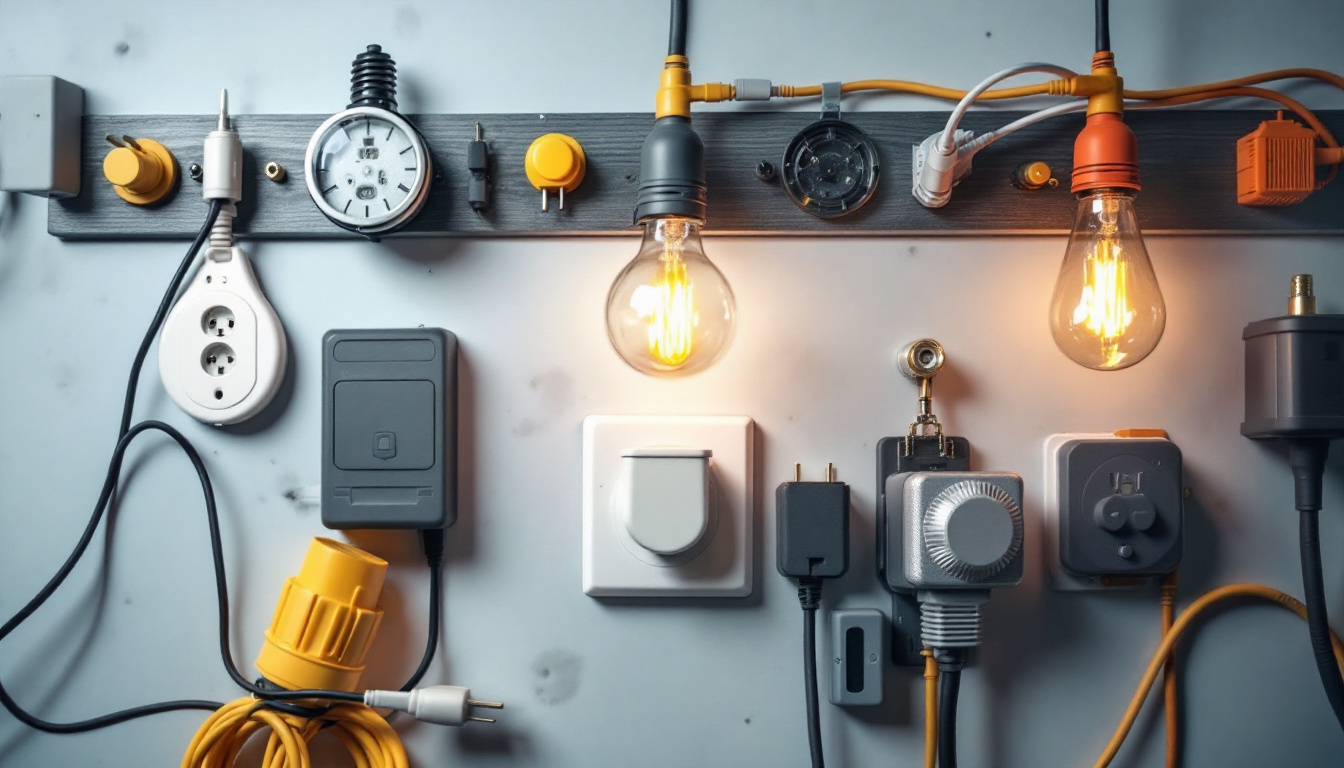 A photograph of a well-organized workspace featuring various types of electrical wire plugs and lighting fixtures