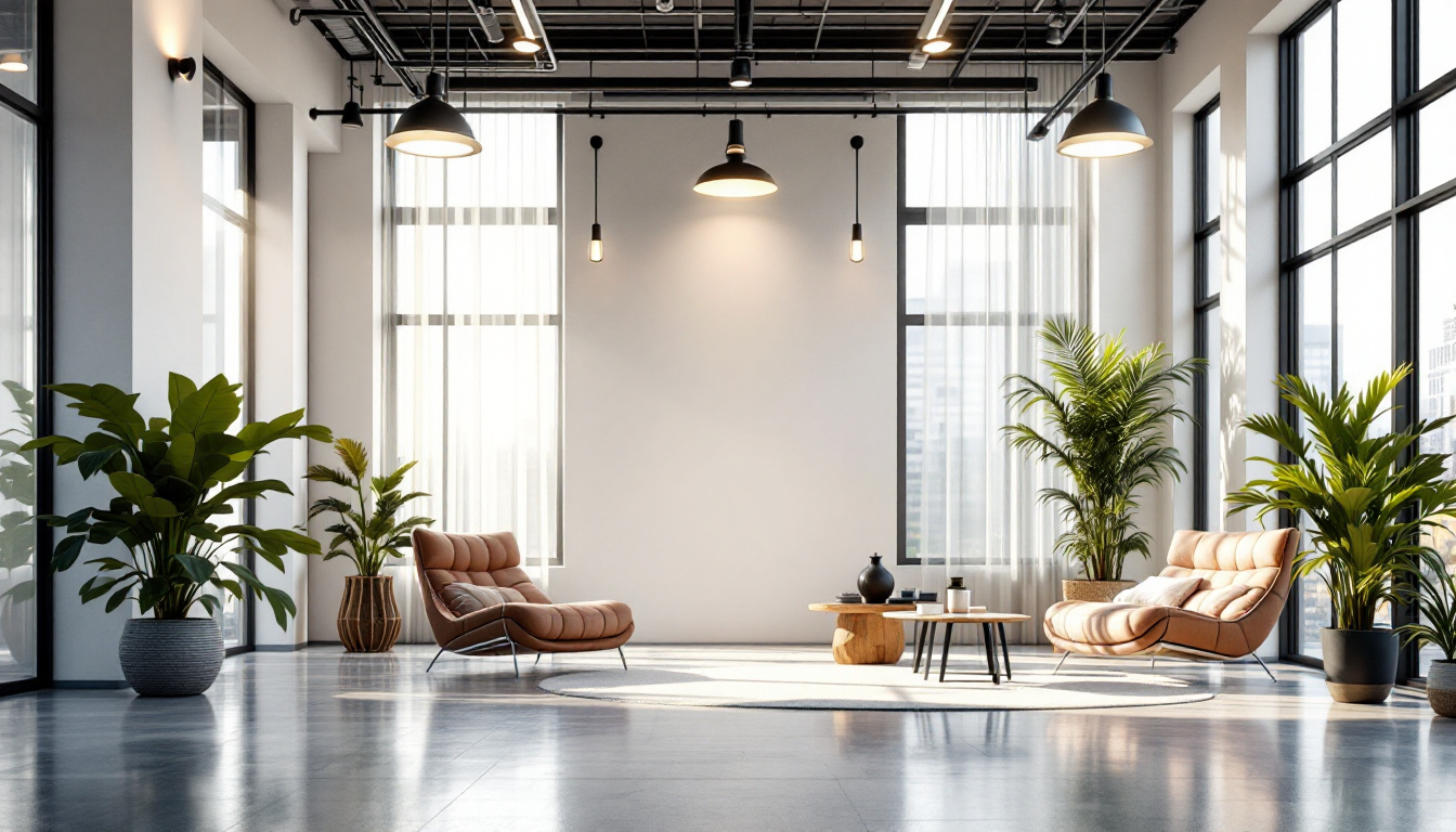 A photograph of a modern indoor space showcasing both industrial and commercial lighting designs