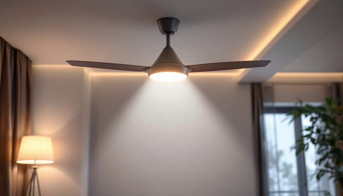A photograph of a modern home interior showcasing a sleek fan with integrated lighting controls