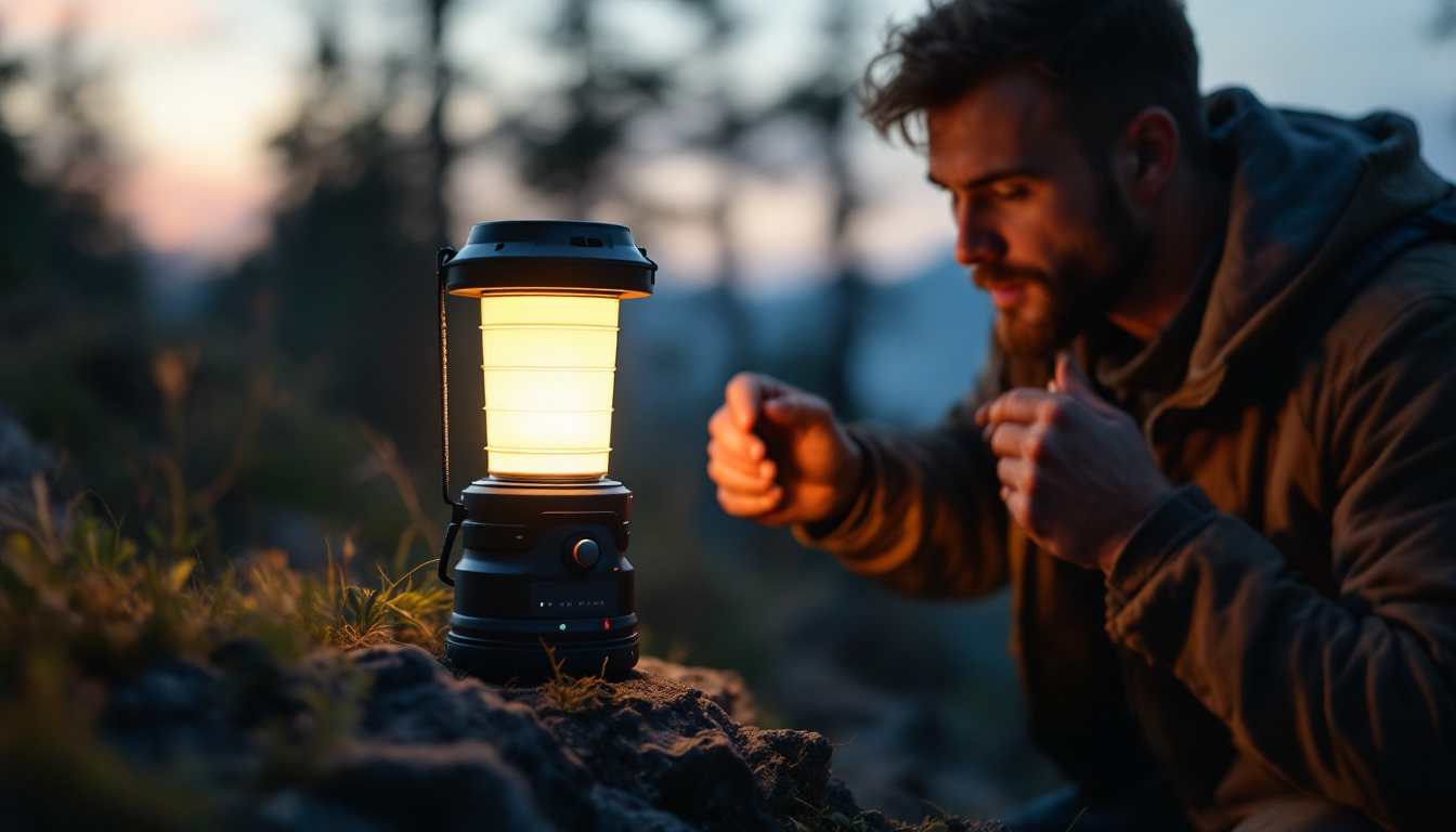 A photograph of a solar camping lamp in a serene outdoor setting