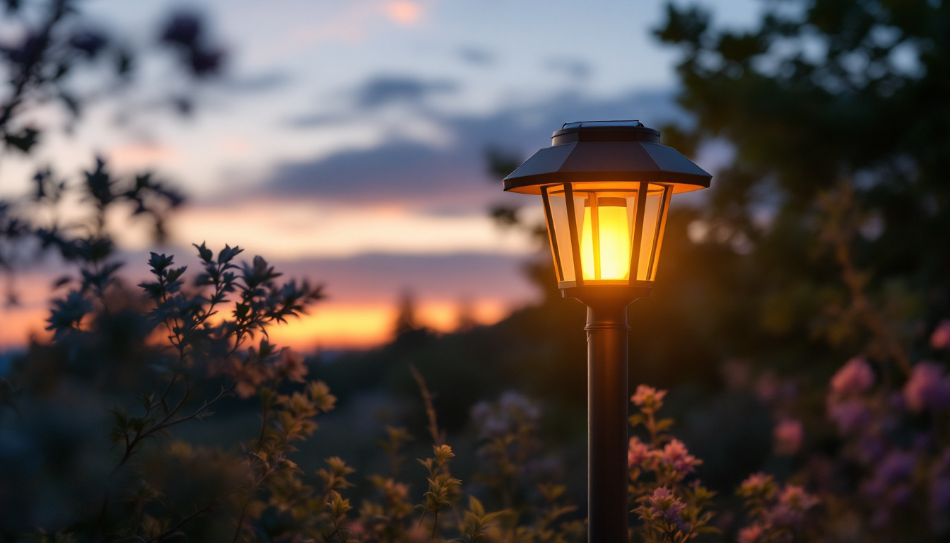 A photograph of a beautifully designed solar-powered post lantern illuminated at dusk