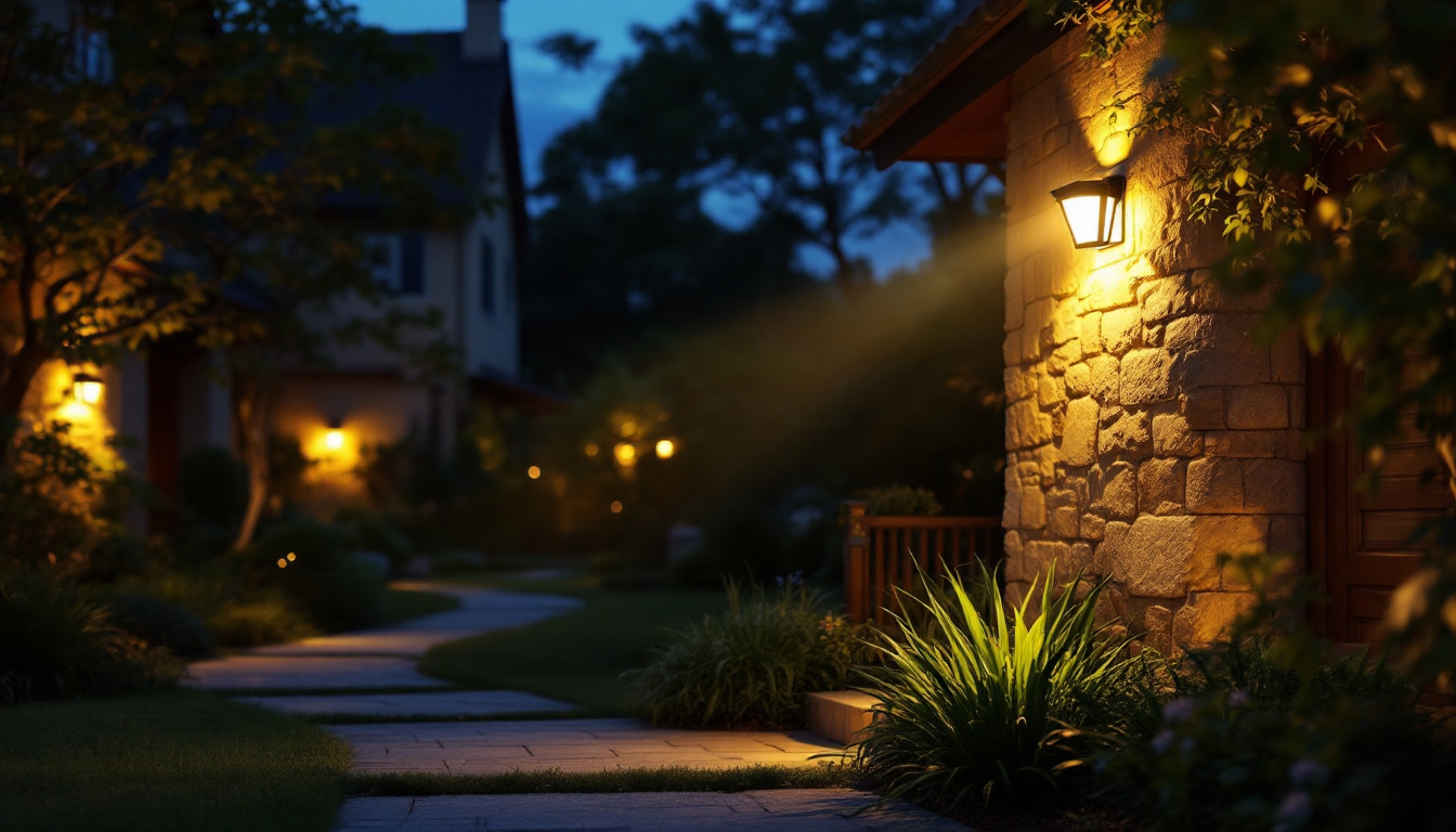 A photograph of a well-lit outdoor space featuring various models of top-rated security lights in action