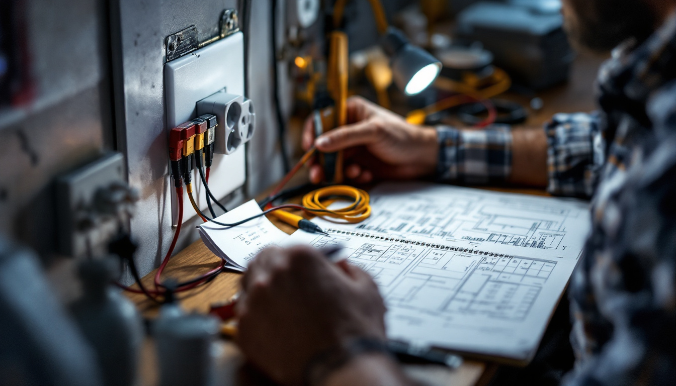 A photograph of a skilled electrical engineer meticulously measuring and calculating electrical loads while examining a light fixture outlet in a well-lit workspace