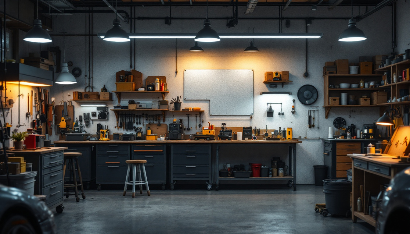 A photograph of a well-lit garage workshop showcasing various types of shop lights in action