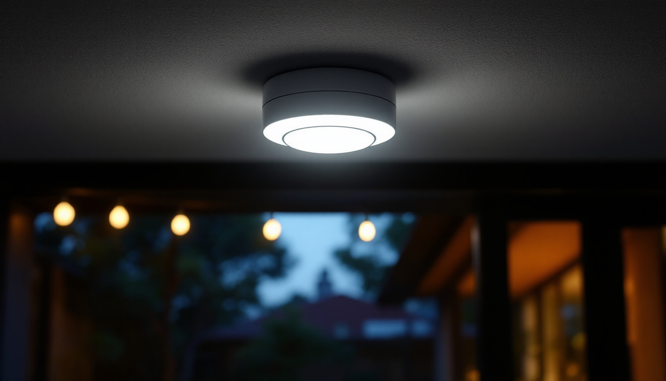A photograph of a motion-activated outdoor ceiling light in action