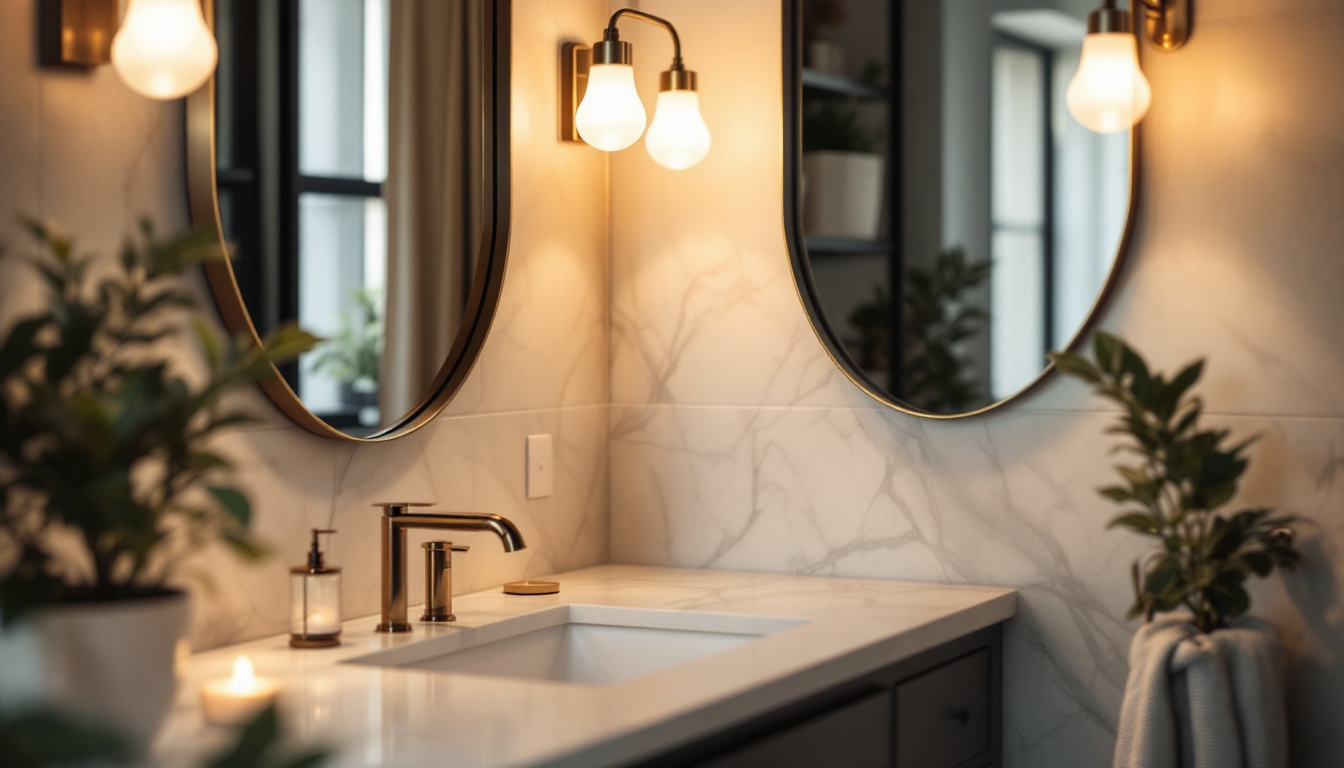 A photograph of a stylish single vanity light fixture illuminated in a beautifully designed bathroom setting