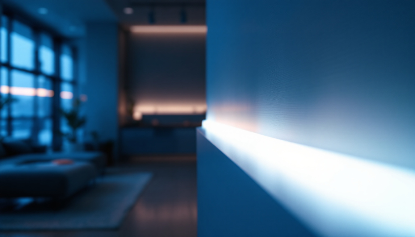 A photograph of a beautifully designed interior space illuminated by soft