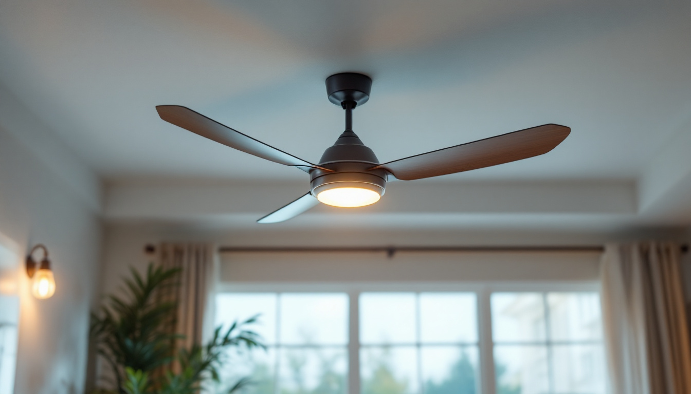 A photograph of a stylish ceiling fan in a well-lit room