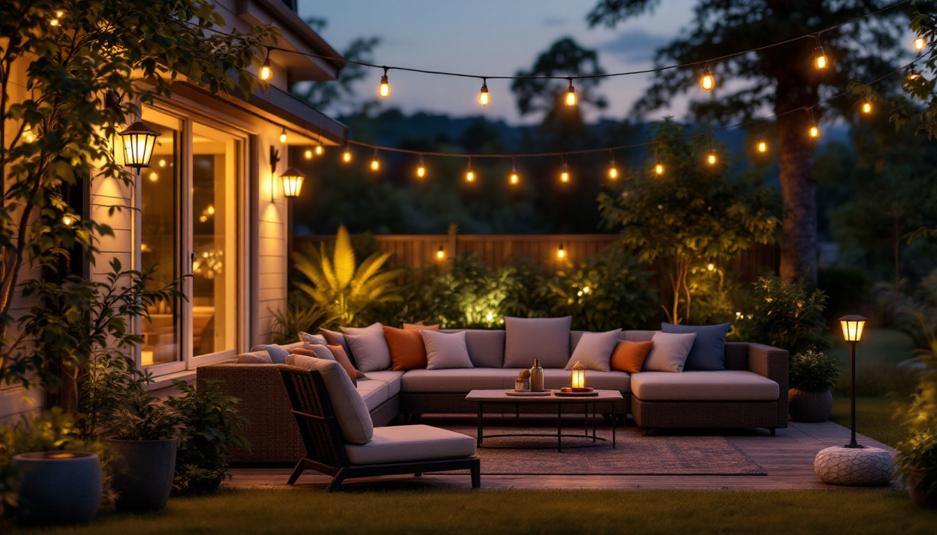A photograph of a beautifully illuminated patio at dusk